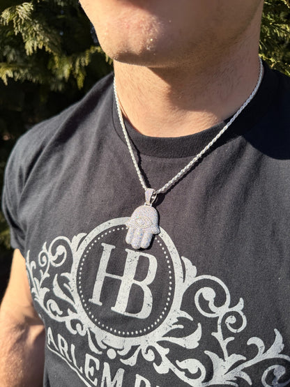 MOISSANITE Mosaic Setting Hamsa W. Evil Eye Pendant - 14k Yellow Gold Vermeil Or 925 Silver - Medium 2"