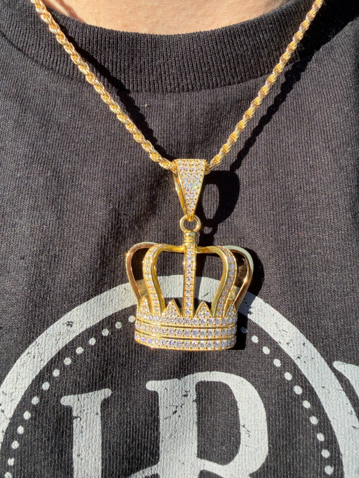 MOISSANITE Royalty Crown Pendant - 14k Yellow/Rose Gold Vermeil or 925 Silver - Large 2"