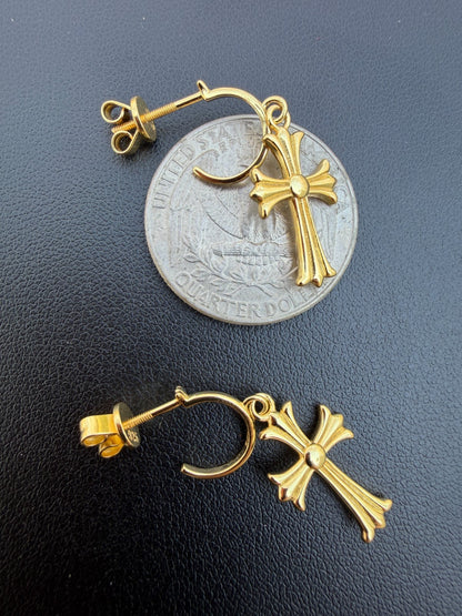 Hearts Of Chrome Huggie Hoops W. Dangle Cross Earrings - 14k Gold Vermeil 925 Silver