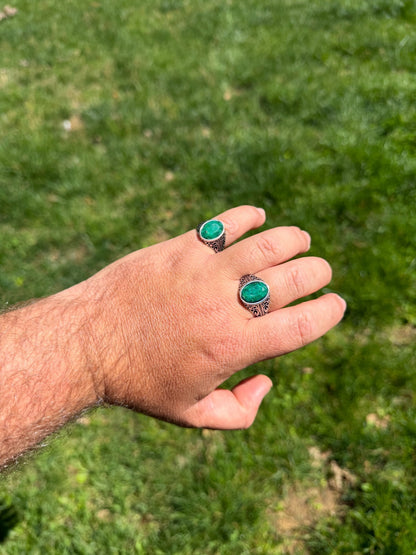 Columbian King Ring - 925 Silver Oxidized - Genuine Green Emerald Stone