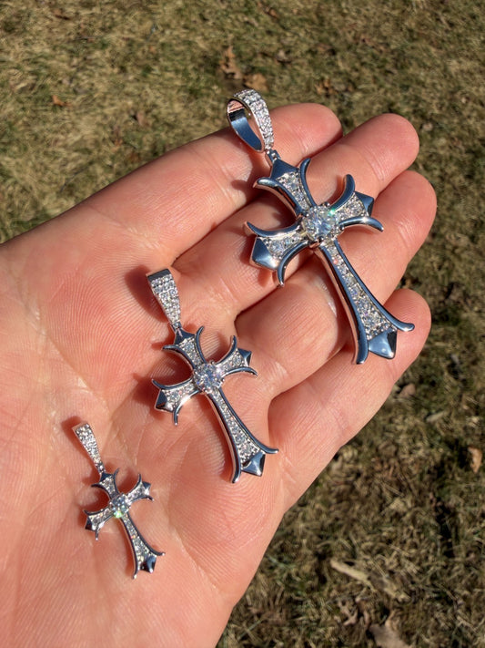 MOISSANITE Hearts Chrome Cross Pendant - 925 Silver - 3 Sizes 1"-2.75"