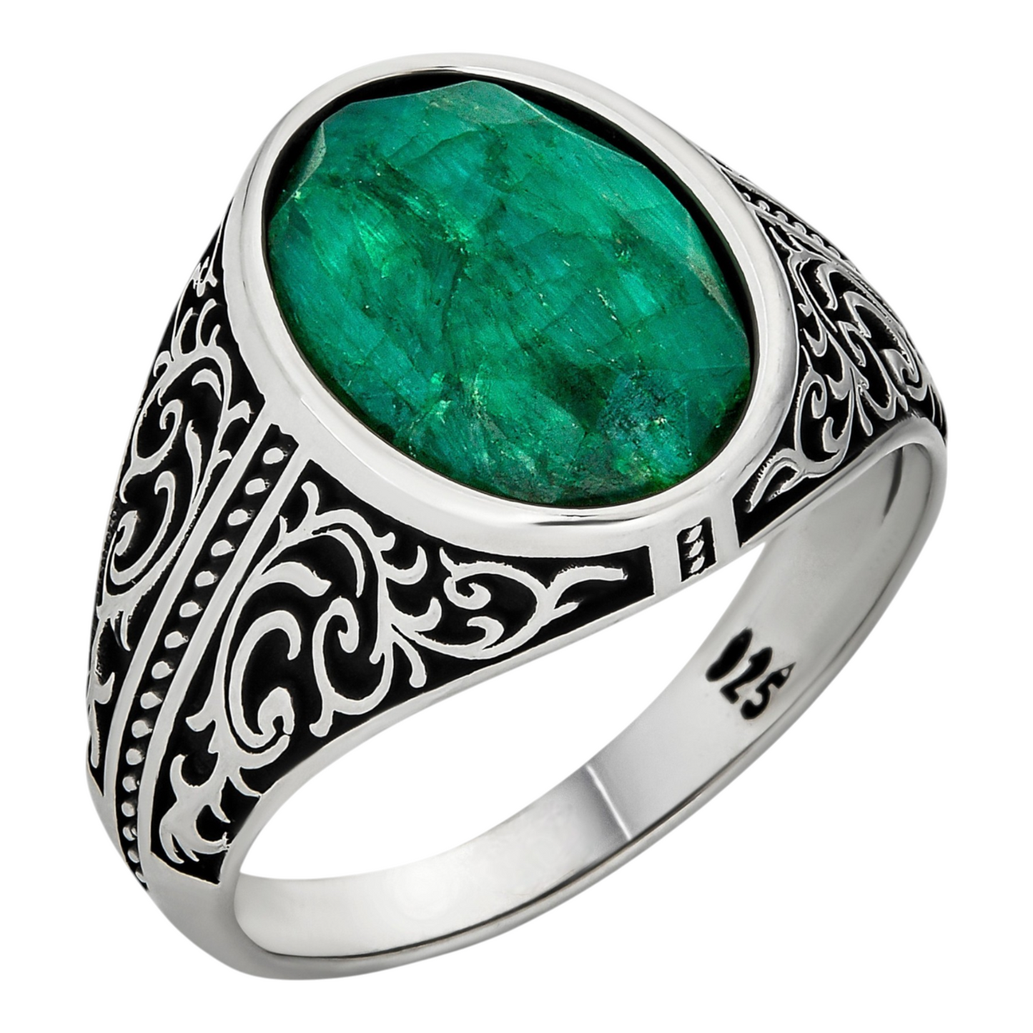Columbian King Ring - 925 Silver Oxidized - Genuine Green Emerald Stone