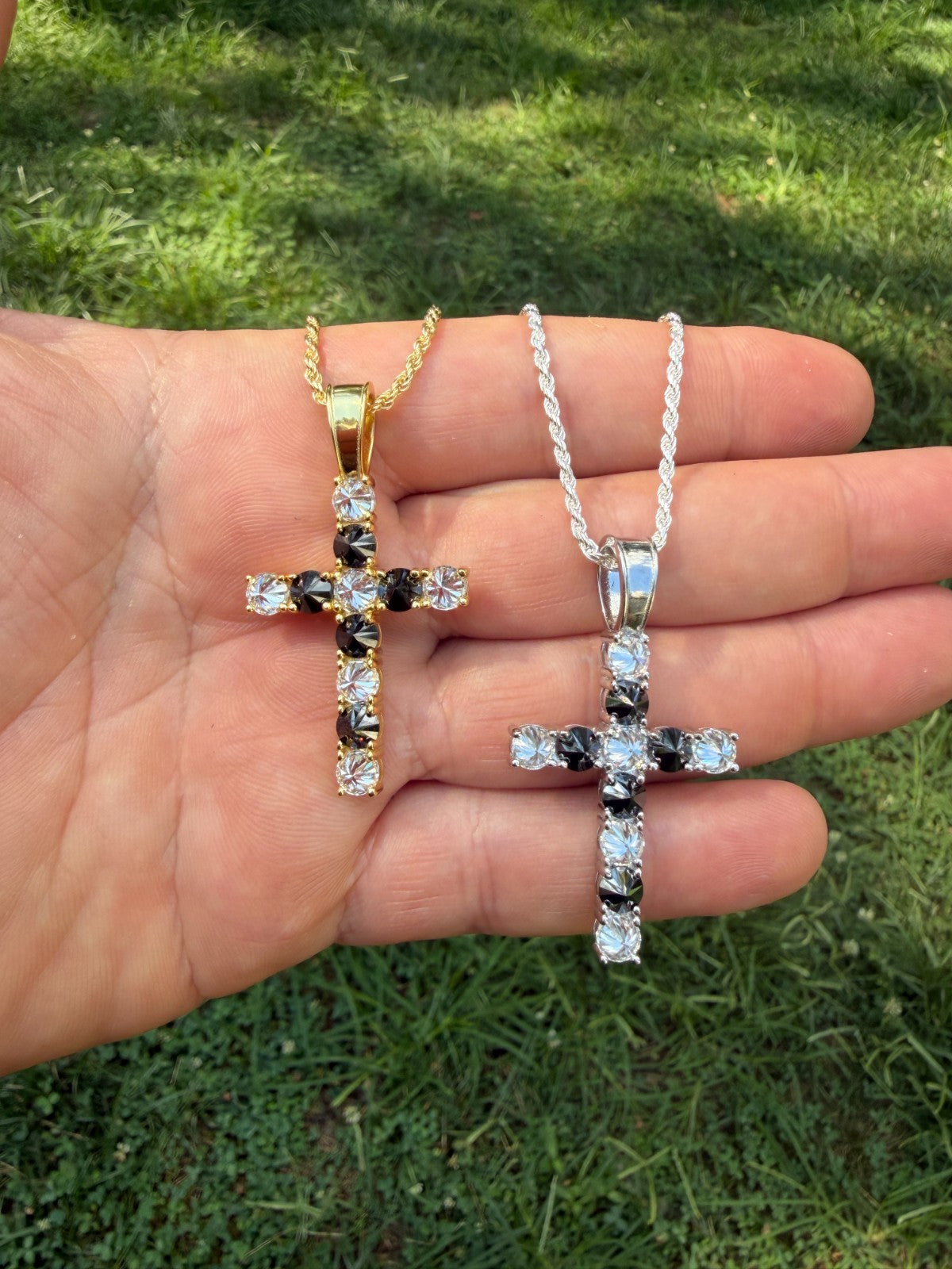 MOISSANITE Black & White Upside Down Set Cross Pendant - 14k Yellow Gold Vermeil Or 925 Silver - Medium 2"