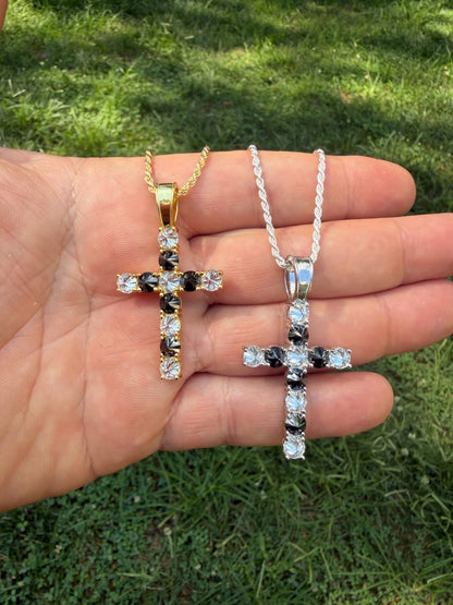 MOISSANITE Black & White Upside Down Set Cross Pendant - 14k Yellow Gold Vermeil Or 925 Silver - Medium 2"