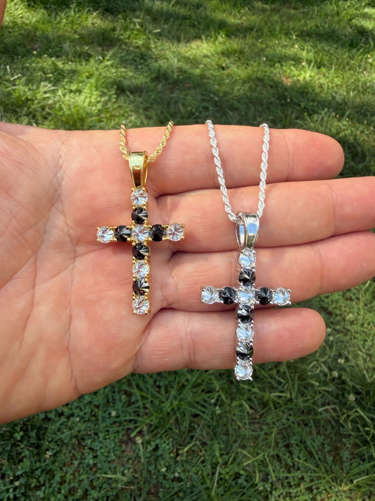 MOISSANITE Black & White Upside Down Set Cross Pendant - 14k Yellow Gold Vermeil Or 925 Silver - Medium 2"