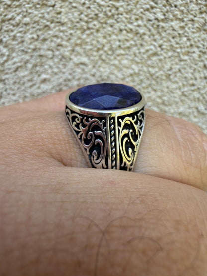 Columbian King Ring - 925 Silver Oxidized - Genuine Blue Sapphire Stone