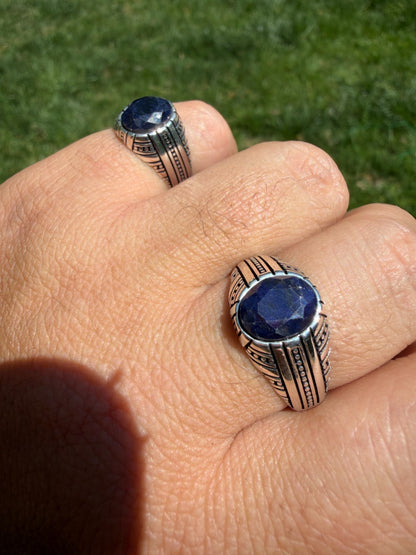 Navajo Tribe Ring - 925 Silver Oxidized - Genuine Blue Sapphire Stone