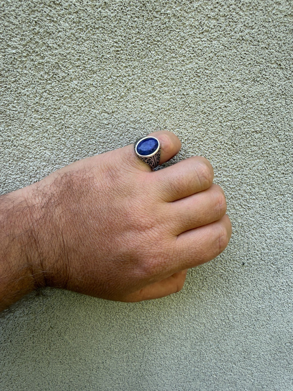 Columbian King Ring - 925 Silver Oxidized - Genuine Blue Sapphire Stone