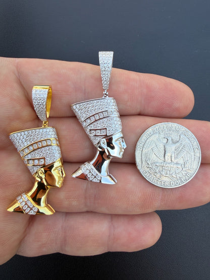 MOISSANITE Hip Iced Out Egyptian Queen Nefertiti Pendant - 14k Yellow Gold Vermeil Or 925 Silver - Medium 1.75"