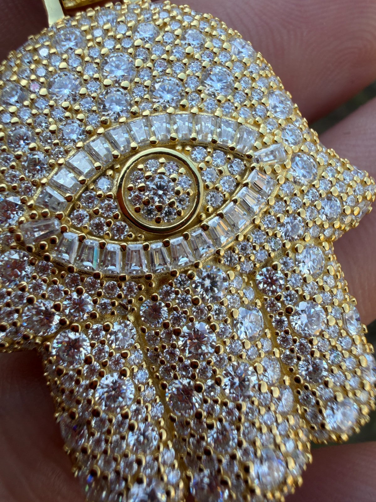 MOISSANITE Mosaic Setting Hamsa W. Evil Eye Pendant - 14k Yellow Gold Vermeil Or 925 Silver - Medium 2"