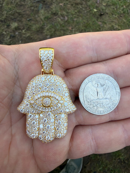 MOISSANITE Mosaic Setting Hamsa W. Evil Eye Pendant - 14k Yellow Gold Vermeil Or 925 Silver - Medium 2"