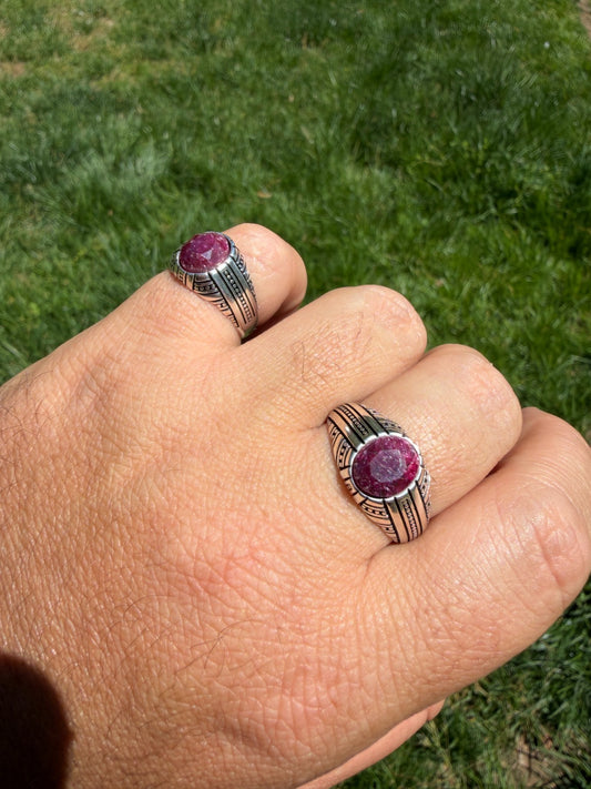 Navajo Tribe Ring - 925 Silver Oxidized - Genuine Red Ruby Stone