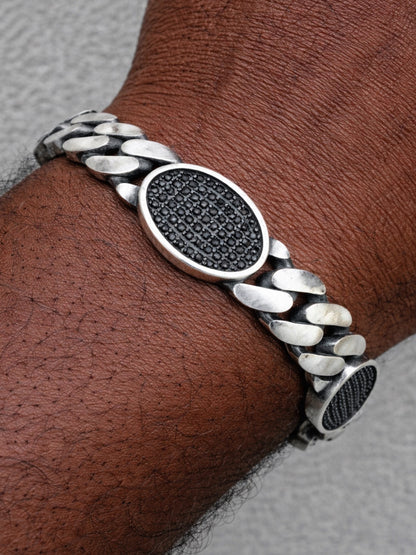 Mens Miami Cuban Link Bracelet W. Iced Out Black CZ Stones - 925 Silver - 8.5" - 12mm