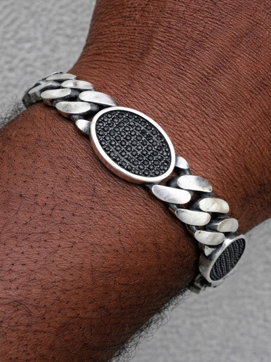 Mens Miami Cuban Link Bracelet W. Iced Out Black CZ Stones - 925 Silver - 8.5" - 12mm