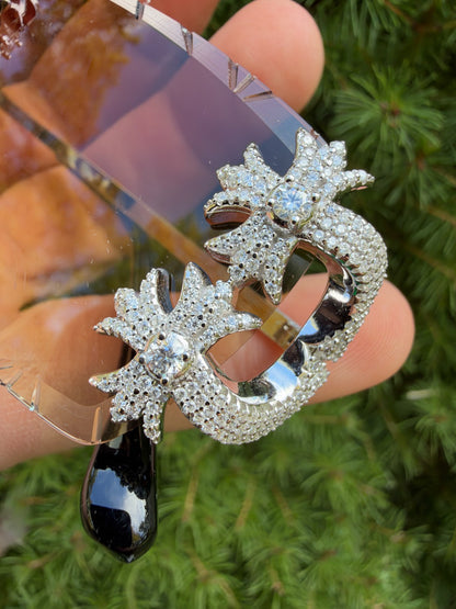 MOISSANITE Hearts Chrome Cross Iced Out Sunglasses - 925 Silver Buffs - Light Brown