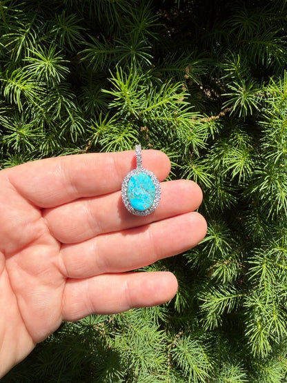 MOISSANITE Royalty Ocean Freeze Pendant - 925 Silver - Oval Genuine Blue Turquoise Stone