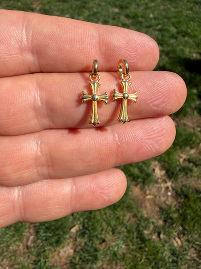 Hearts Of Chrome Studs W. Dangle Cross Earrings - 14k Gold Vermeil 925 Silver