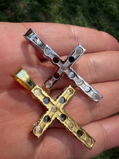 MOISSANITE Black & White Upside Down Set Cross Pendant - 14k Yellow Gold Vermeil Or 925 Silver - Medium 2"