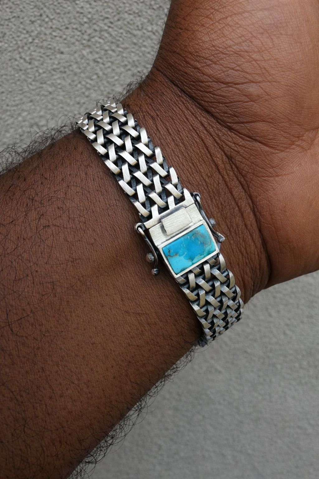 Mens Turquoise Wheat Woven Link Bracelet - 925 Sterling Silver - 8.5" - 12mm