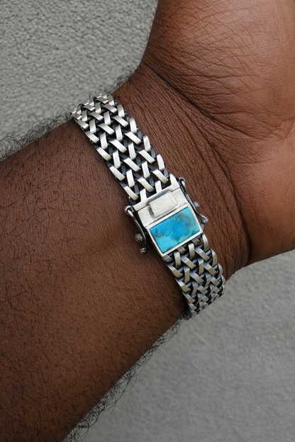 Mens Turquoise Wheat Woven Link Bracelet - 925 Sterling Silver - 8.5" - 12mm