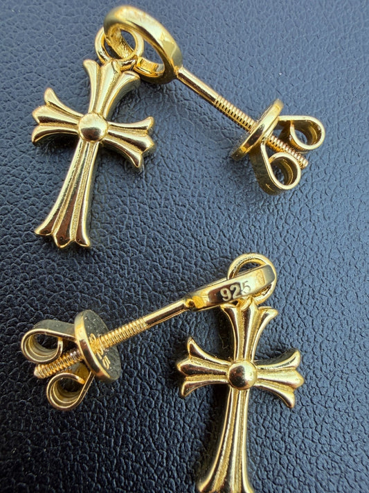 Hearts Of Chrome Studs W. Dangle Cross Earrings - 14k Gold Vermeil 925 Silver