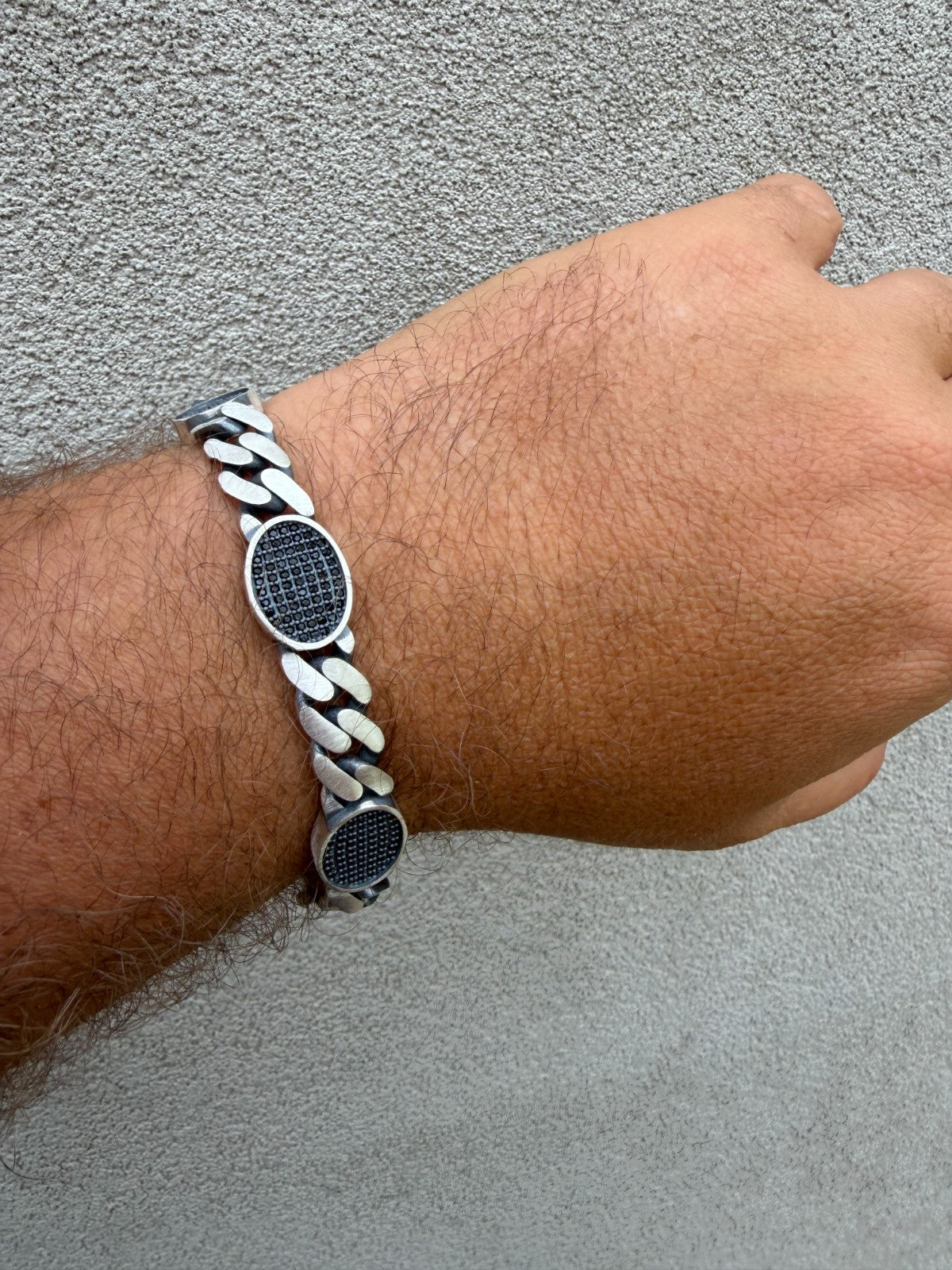 Mens Miami Cuban Link Bracelet W. Iced Out Black CZ Stones - 925 Silver - 8.5" - 12mm