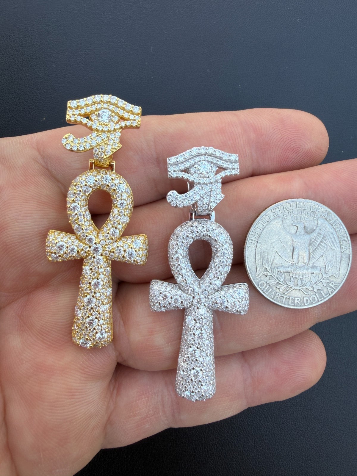 MOISSANITE Mosaic Setting Ankh W. Eye Of Horus Pendant - 14k Yellow Gold Vermeil Or 925 Silver - Medium 2"