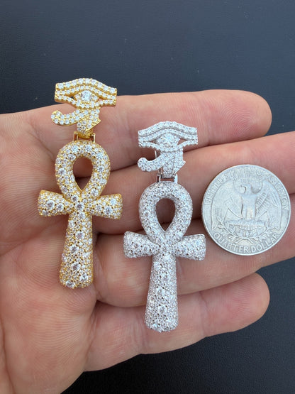 MOISSANITE Mosaic Setting Ankh W. Eye Of Horus Pendant - 14k Yellow Gold Vermeil Or 925 Silver - Medium 2"