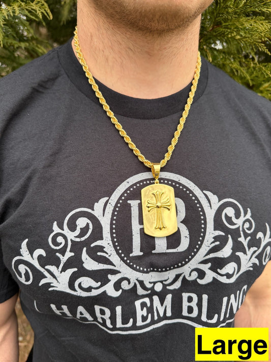 Hearts Chrome Dog Tag Cross Pendant - 14k Gold Vermeil 925 Silver - 3 Sizes 1"-2.75"