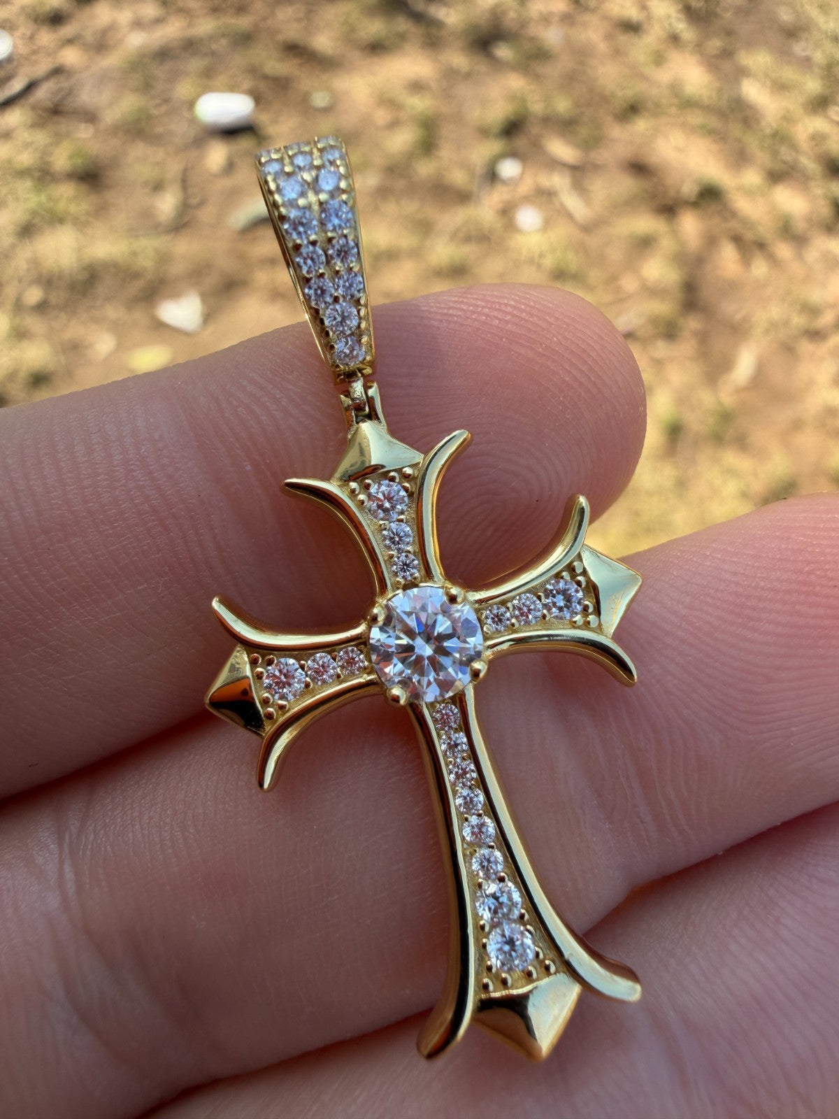 MOISSANITE Hearts Chrome Cross Pendant - 14k Gold Vermeil 925 Silver - 3 Sizes 0.75"-2.75"