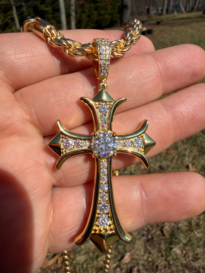 MOISSANITE Hearts Chrome Cross Pendant - 14k Gold Vermeil 925 Silver - 3 Sizes 0.75"-2.75"