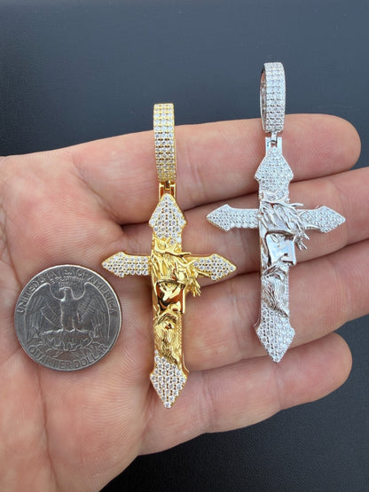 MOISSANITE Passion Of Christ Jesus On Gothic Cross Pendant - 14k Yellow Gold Vermeil Or 925 Silver - Large 2.5"