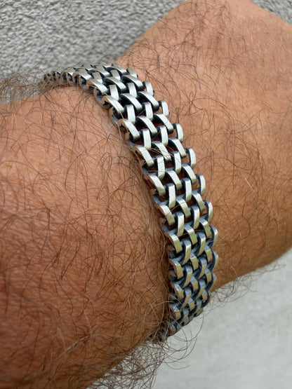 Mens Turquoise Wheat Woven Link Bracelet - 925 Sterling Silver - 8.5" - 12mm
