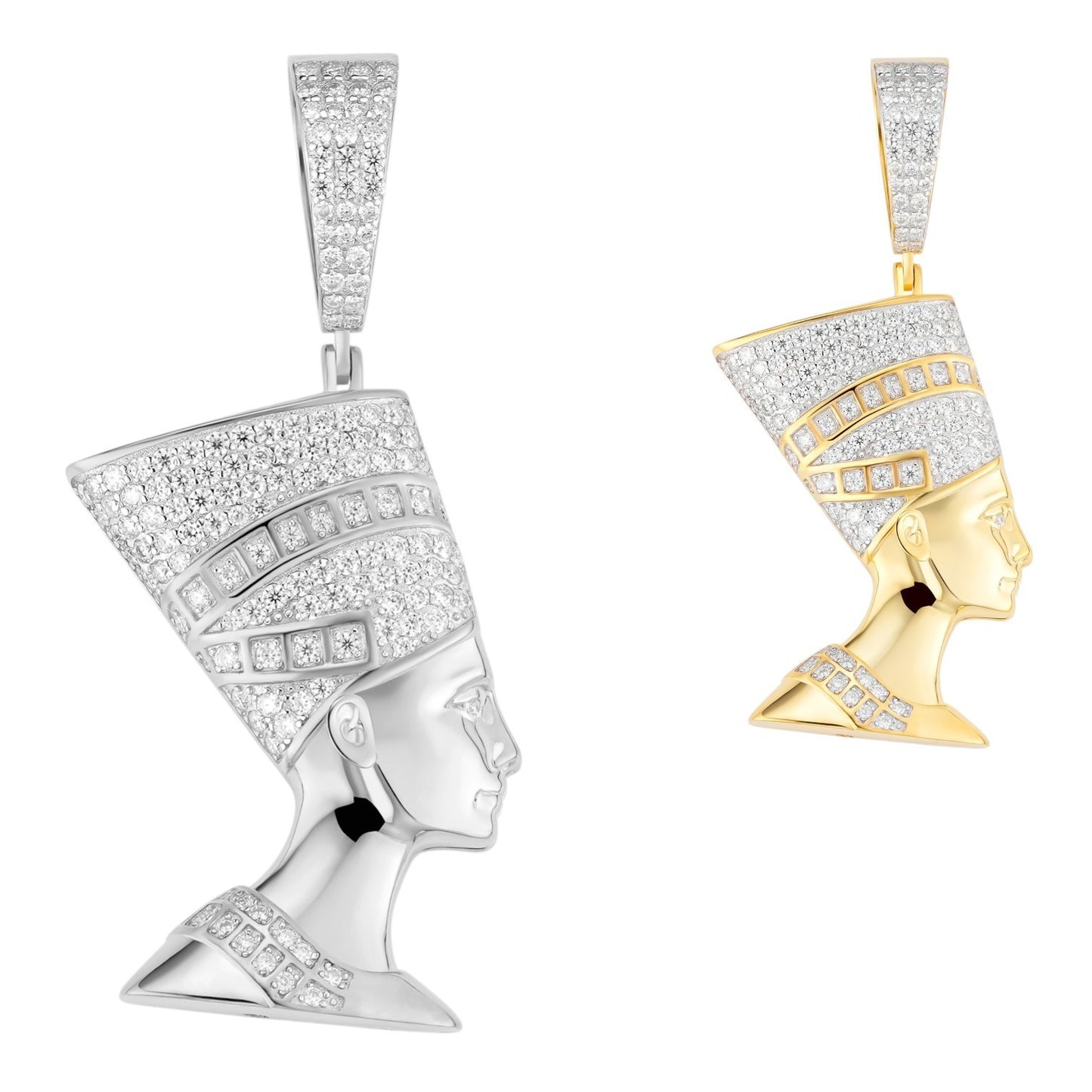 MOISSANITE Hip Iced Out Egyptian Queen Nefertiti Pendant - 14k Yellow Gold Vermeil Or 925 Silver - Medium 1.75"