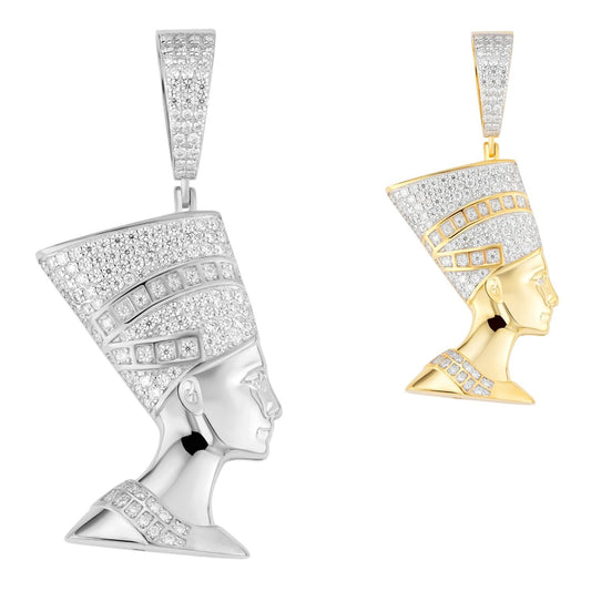 MOISSANITE Hip Iced Out Egyptian Queen Nefertiti Pendant - 14k Yellow Gold Vermeil Or 925 Silver - Medium 1.75"