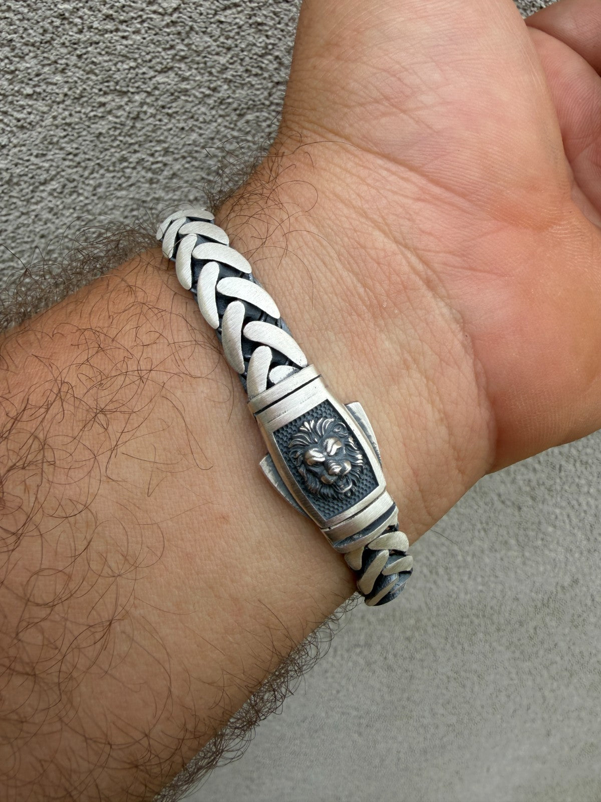 Wheat Link Bracelet With Custom Lion Sleek Clasp - 925 Sterling Silver Oxidized Gunmetal - 7"-9" - 10mm