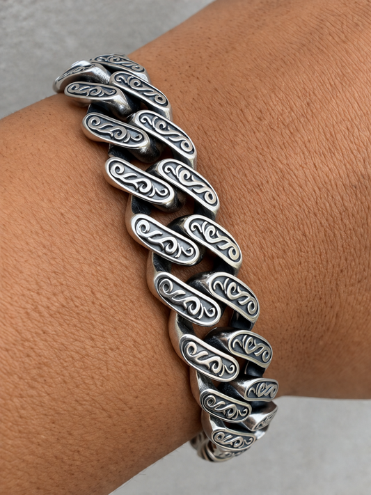 Mens Custom 12mm Hawaiian Scroll Miami Cuban Link Bracelet Real 925 Silver