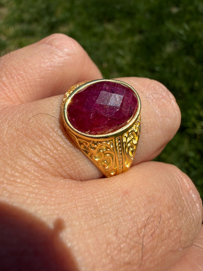 Columbian King Ring - 14k Gold Vermeil 925 Silver - Genuine Red Ruby Stone
