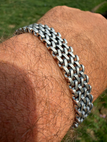 Mens Turquoise Wheat Woven Link Bracelet - 925 Sterling Silver - 8.5" - 12mm