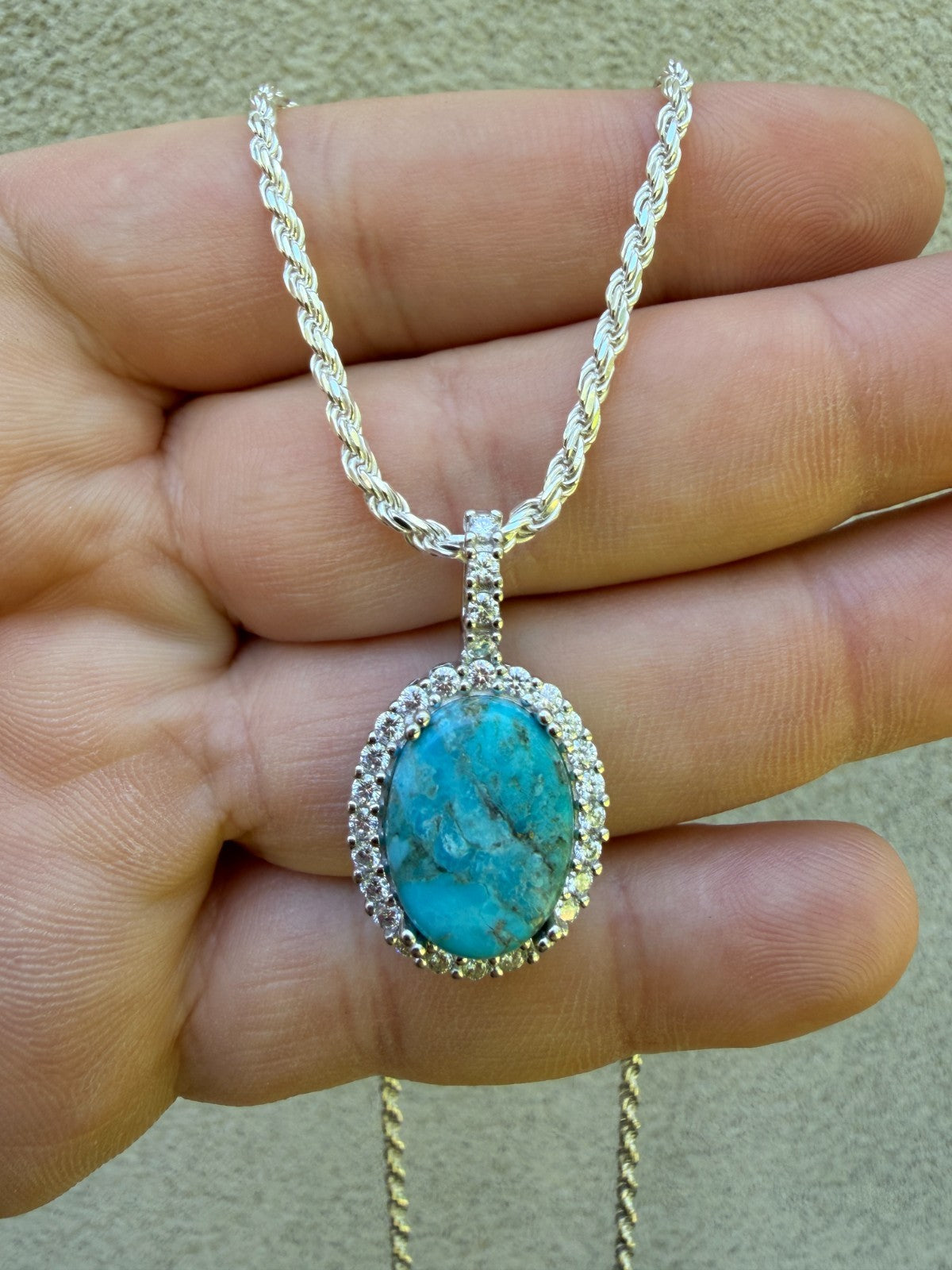 MOISSANITE Royalty Ocean Freeze Pendant - 925 Silver - Oval Genuine Blue Turquoise Stone