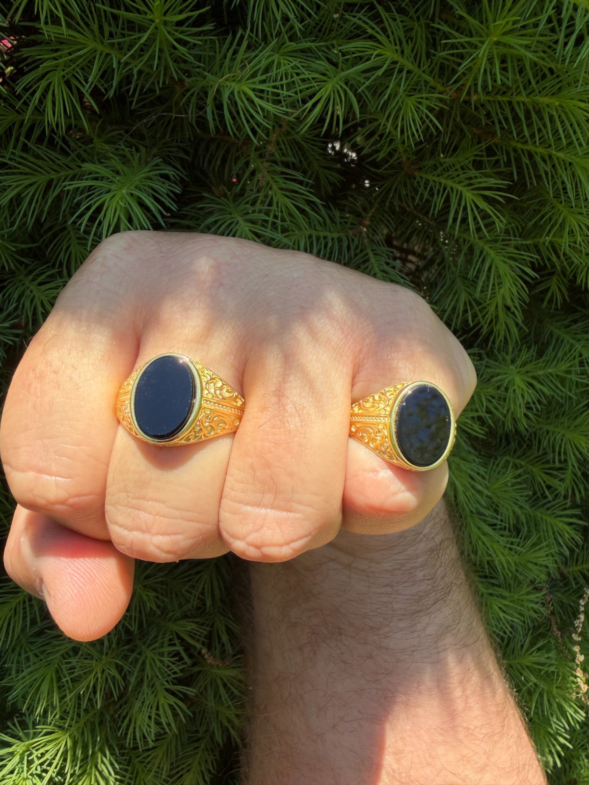 Columbian King Ring - 14k Gold Vermeil 925 Silver - Genuine Black Onyx Stone