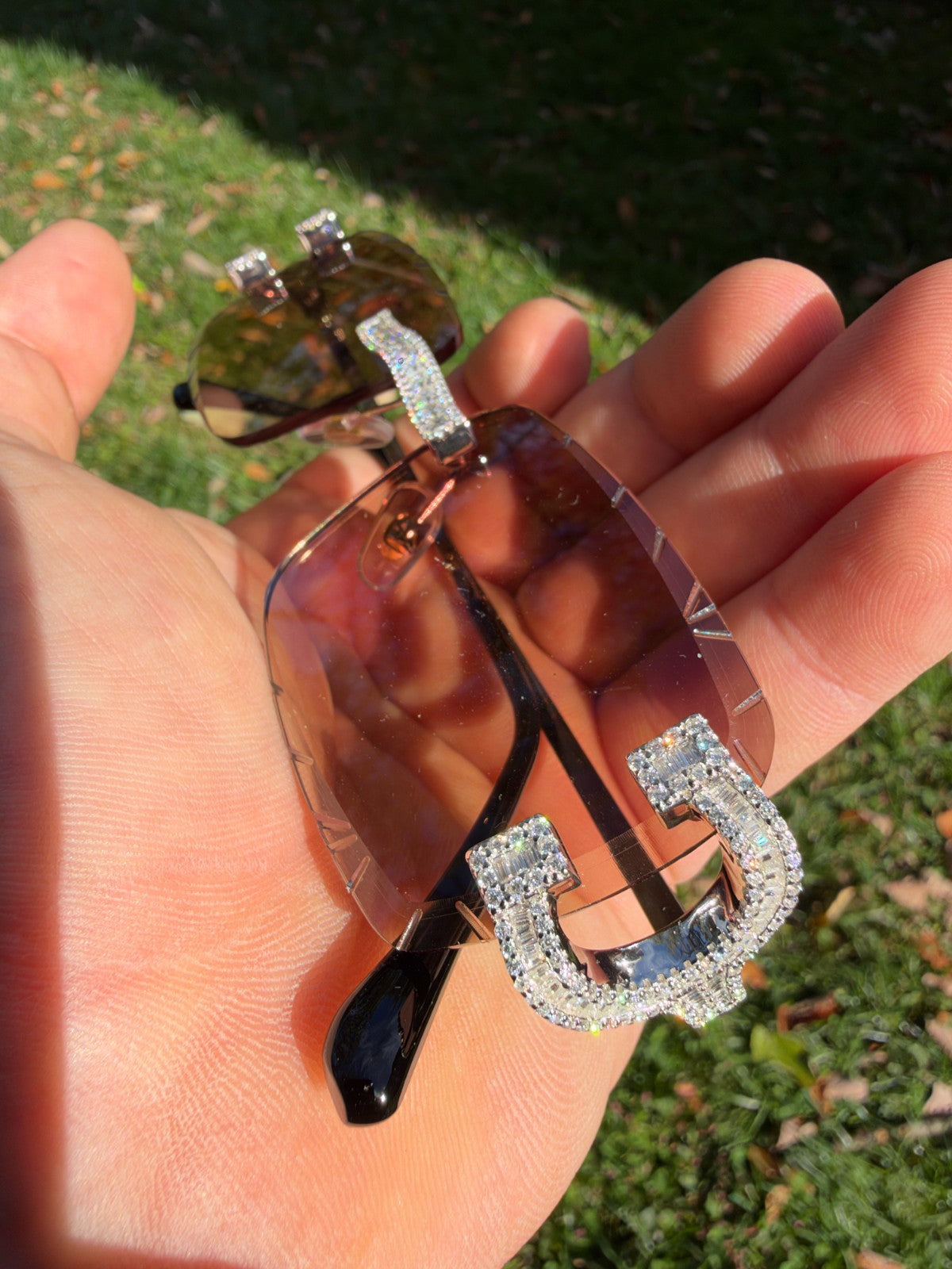 MOISSANITE Baguette Custom Iced Out Sunglasses - 925 Silver Buffs - Light Brown