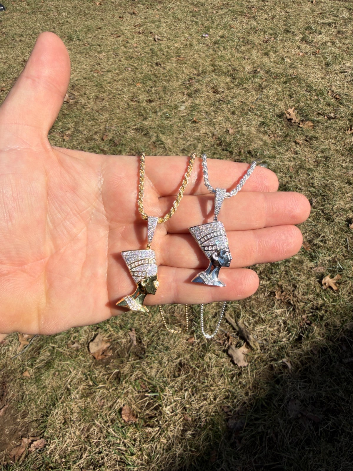 MOISSANITE Hip Iced Out Egyptian Queen Nefertiti Pendant - 14k Yellow Gold Vermeil Or 925 Silver - Medium 1.75"