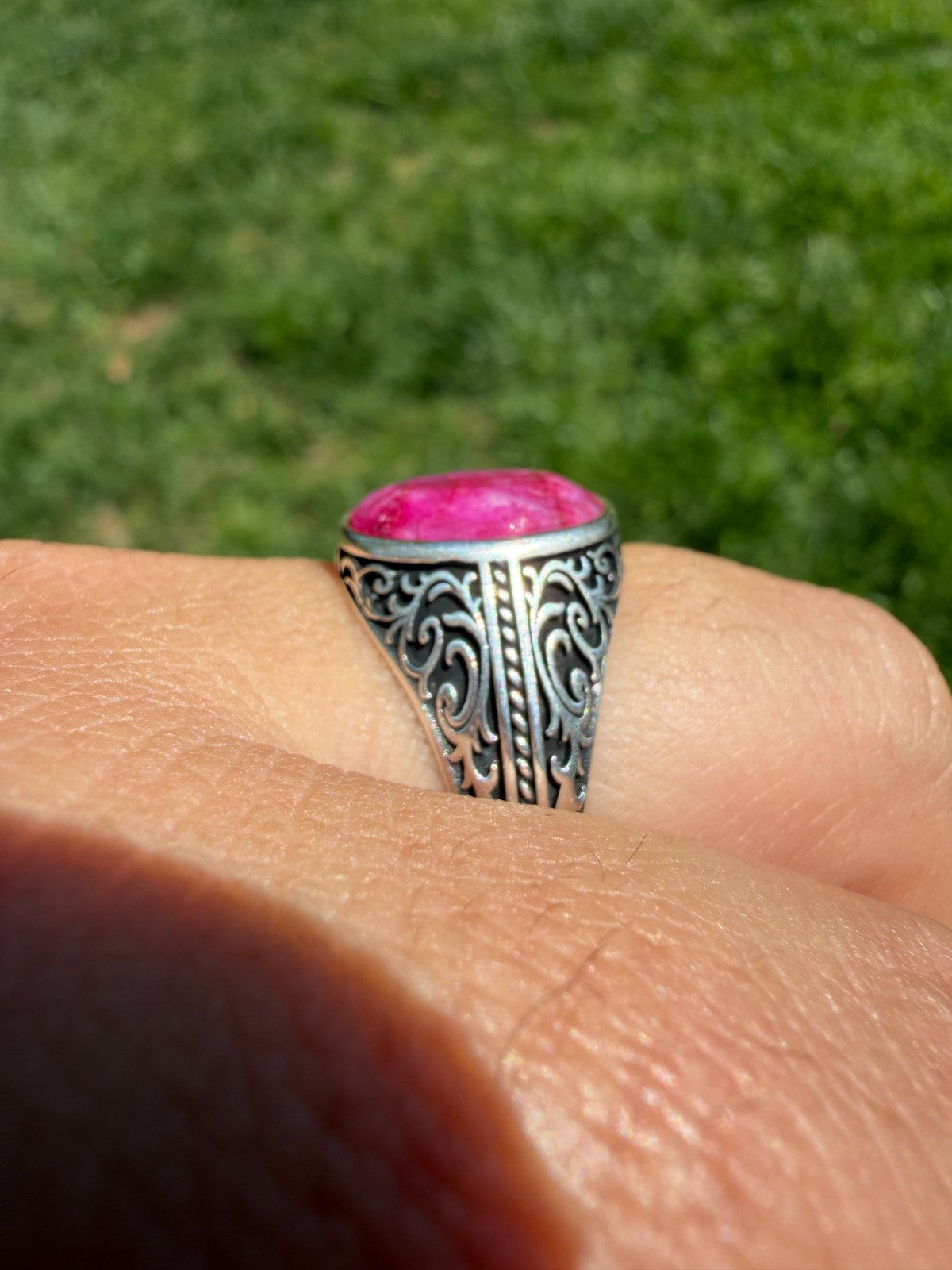 Columbian King Ring - 925 Silver Oxidized - Genuine Red Ruby Stone