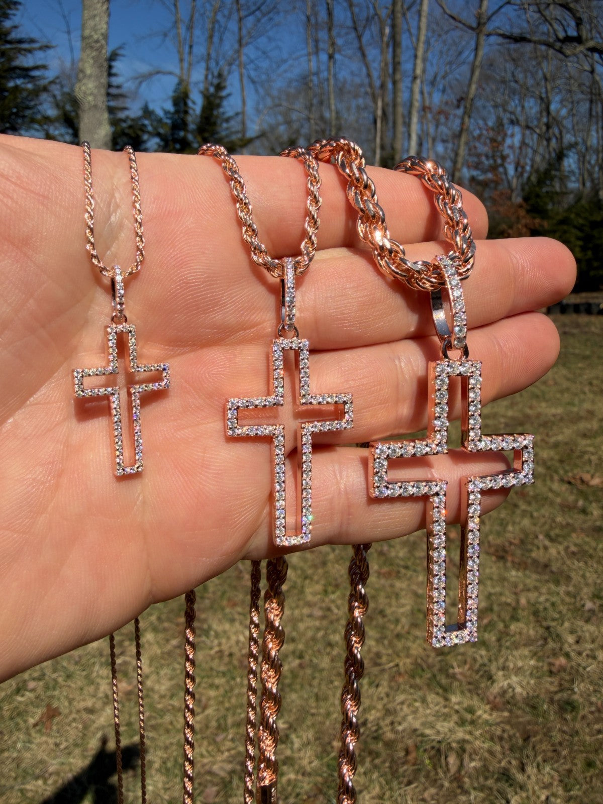 MOISSANITE Classic Cross Cutout Pendant - 14k Rose Gold Vermeil 925 Silver - 3 Sizes 1.33"-3"