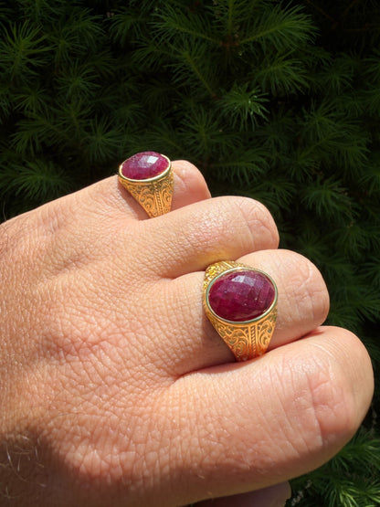 Columbian King Ring - 14k Gold Vermeil 925 Silver - Genuine Red Ruby Stone