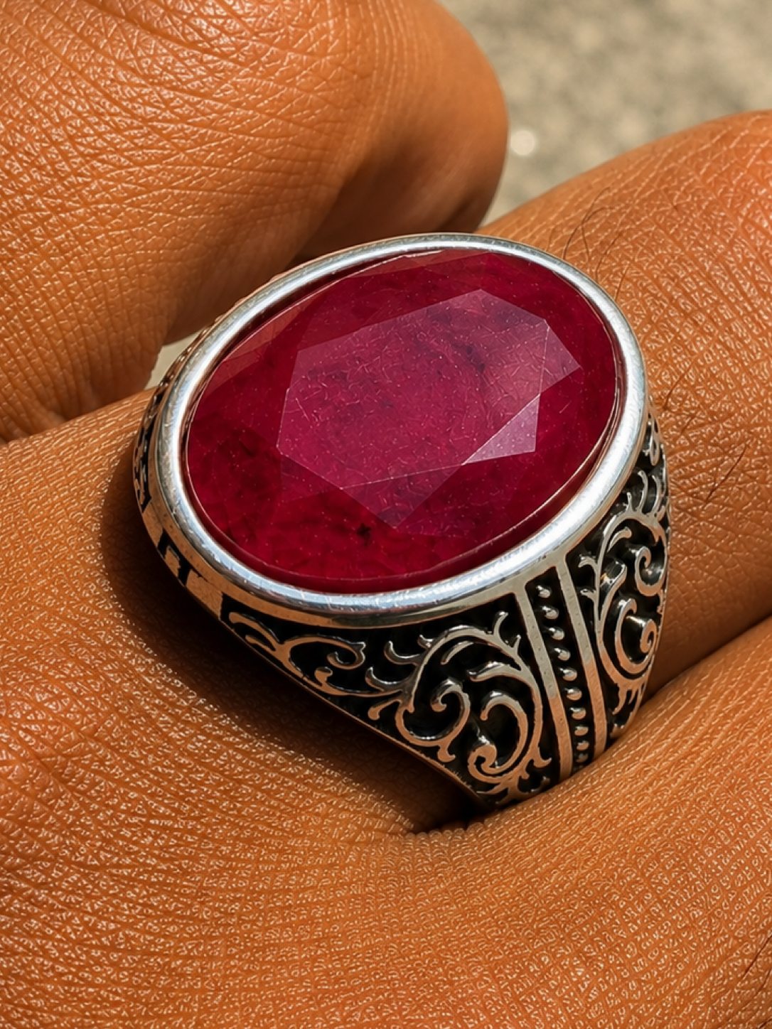 Columbian King Ring - 925 Silver Oxidized - Genuine Red Ruby Stone