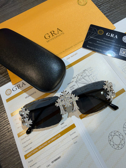 MOISSANITE Hearts Chrome Cross Iced Out Sunglasses - 925 Silver Buffs - Black