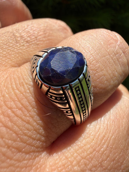 Navajo Tribe Ring - 925 Silver Oxidized - Genuine Blue Sapphire Stone