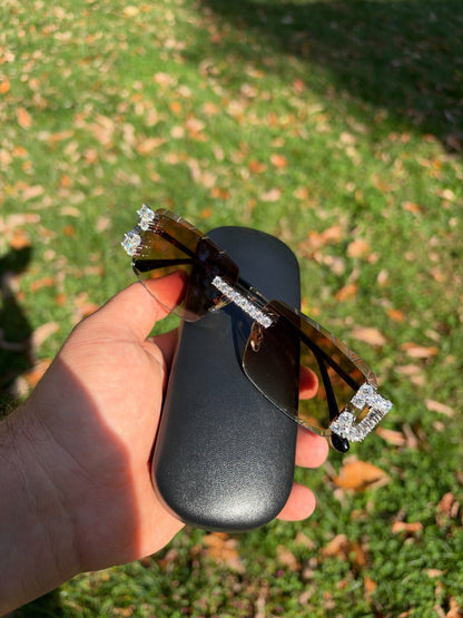 MOISSANITE Big Stone 15ct Iced Out Sunglasses - 925 Silver Buffs - Light Brown